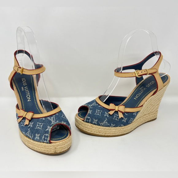 Louis Vuitton Denim Logo Monogram Espadrilles Wedge Sandals Shoes Blue 37.5 7.5 - Picture 1 of 10